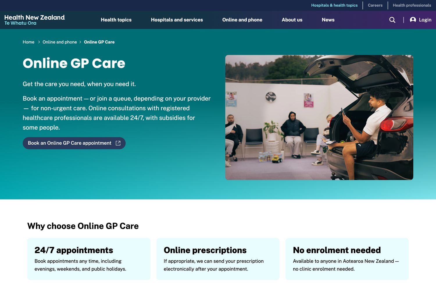 Health New Zealand 官网 Online GP Care 页面截图,页面上三张卡片分别写着 24/7 appointments、Online prescriptions、No enrolment needed