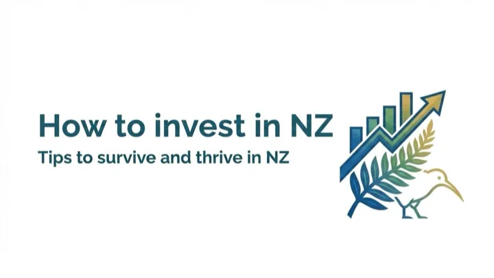 当时的分享封面：白底上深蓝色标题 How to invest in NZ，副题 Tips to survive and thrive in NZ，右侧是由蓝绿柱状图、上扬箭头、银蕨叶与几维鸟组成的插画