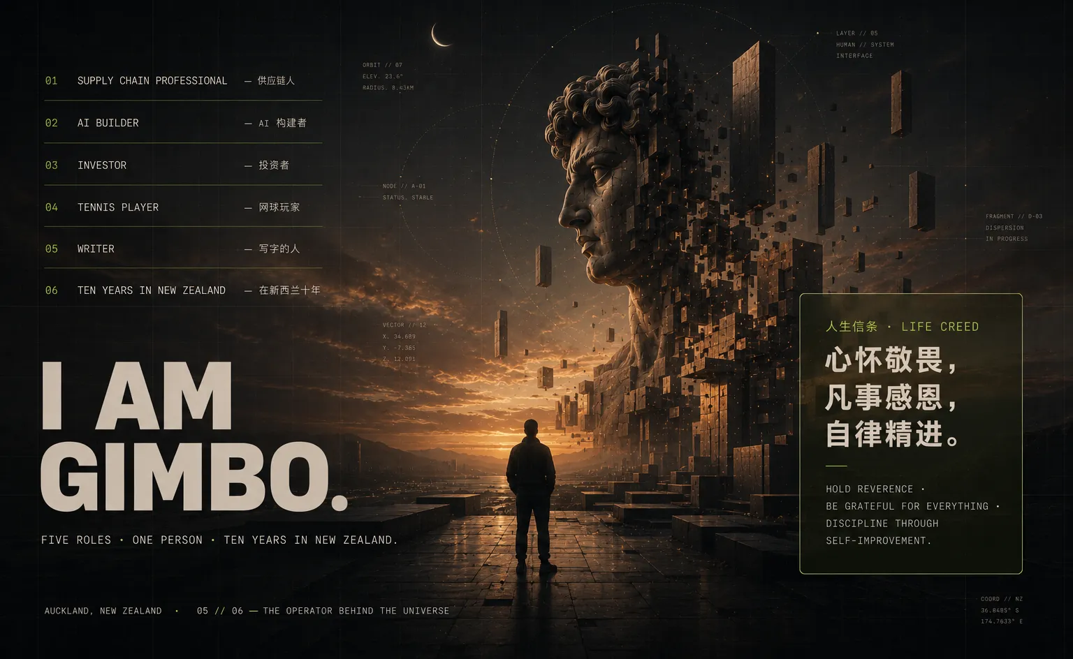 About — silhouette of a figure standing under a giant sculpted head dissolving into voxel architecture, framed by the bilingual five roles and life creed panels